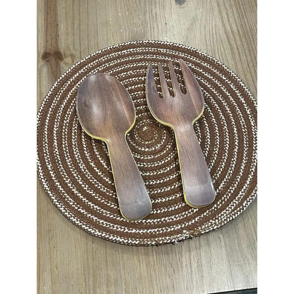 Vintage Salad Servers Decorative Cutlery Yellow Wood Design Spoon Fork Two Piece
